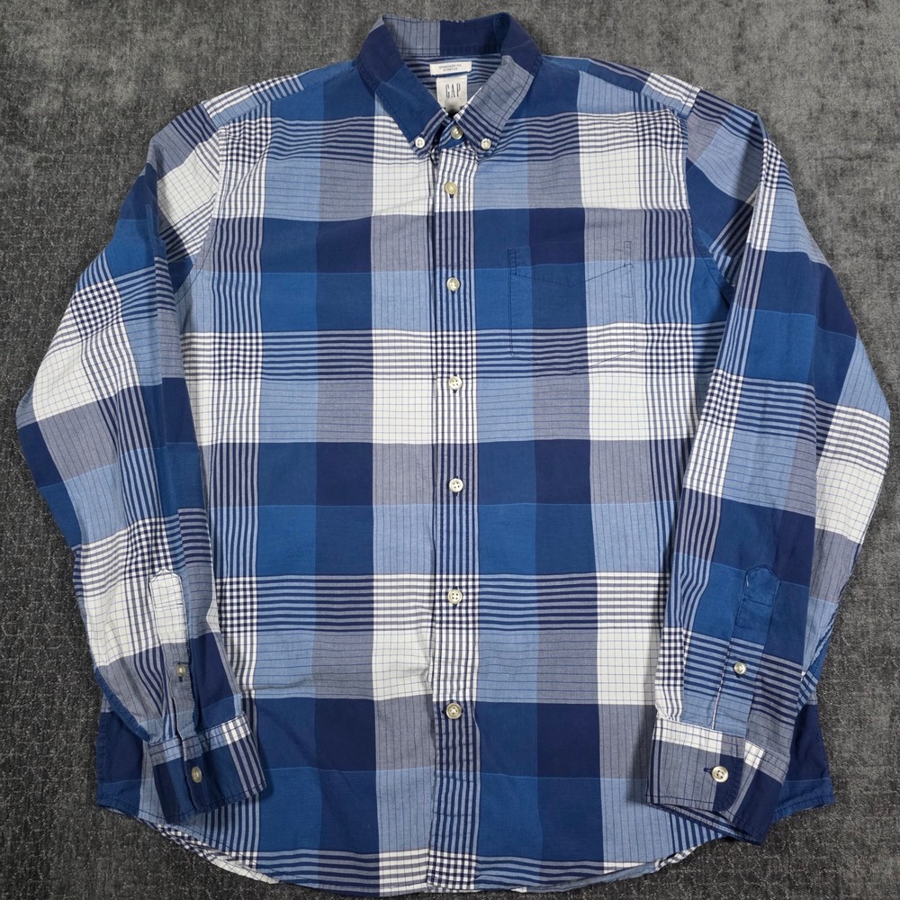 Gap Mens Large Blue Plaid Button Down Shirt Standard Fit Stretch Long Sleeve